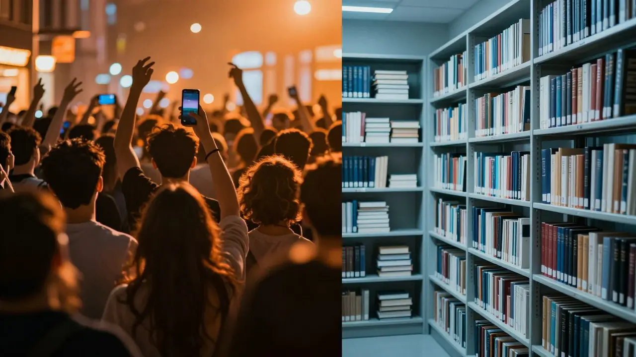 Split view comparing a cheering crowd with a quiet library archive