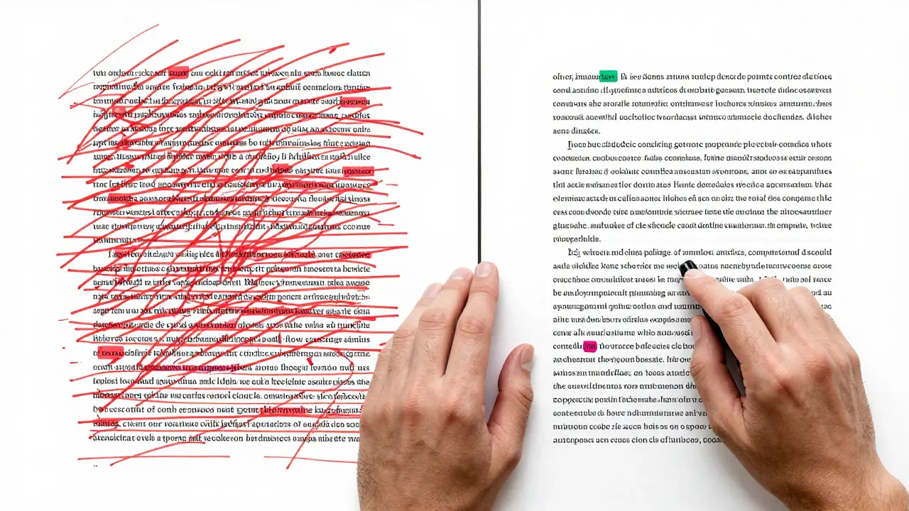 Split view comparing cluttered versus balanced text formatting with reference markers