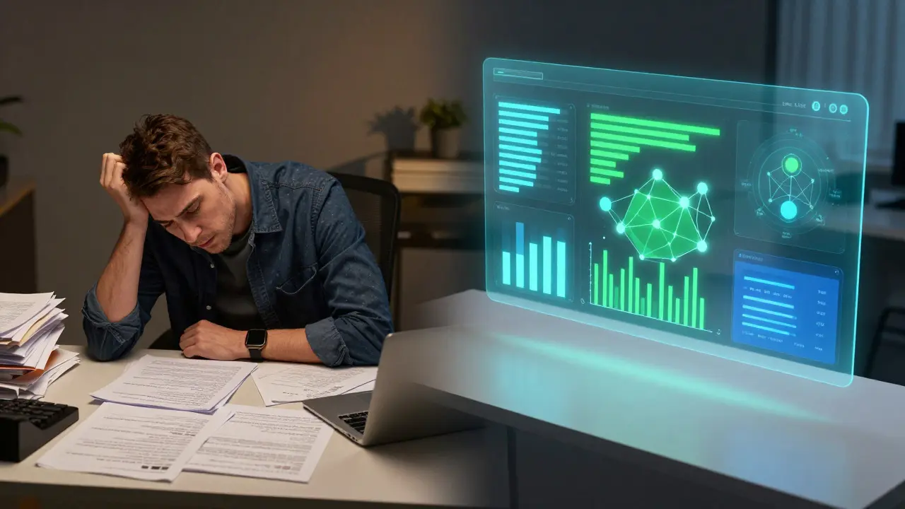 Split view contrasting manual paper review with a digital analytics dashboard