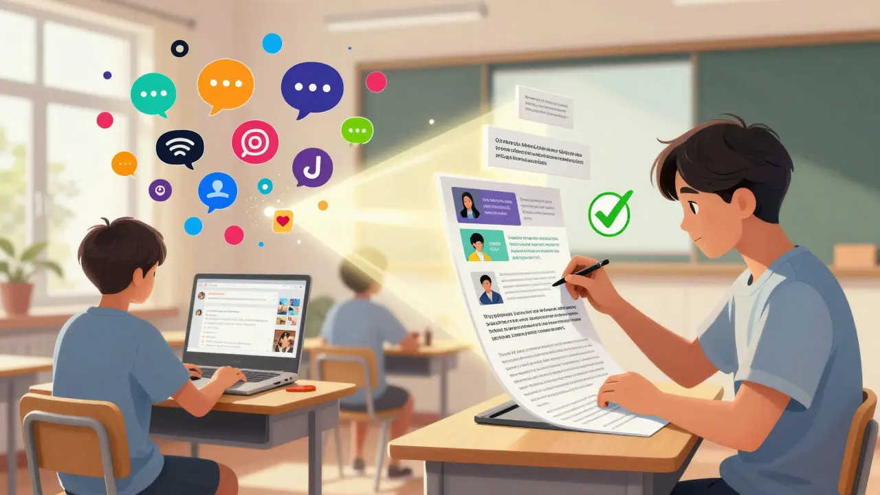 Split view of a student moving from passive scrolling to active fact-checking