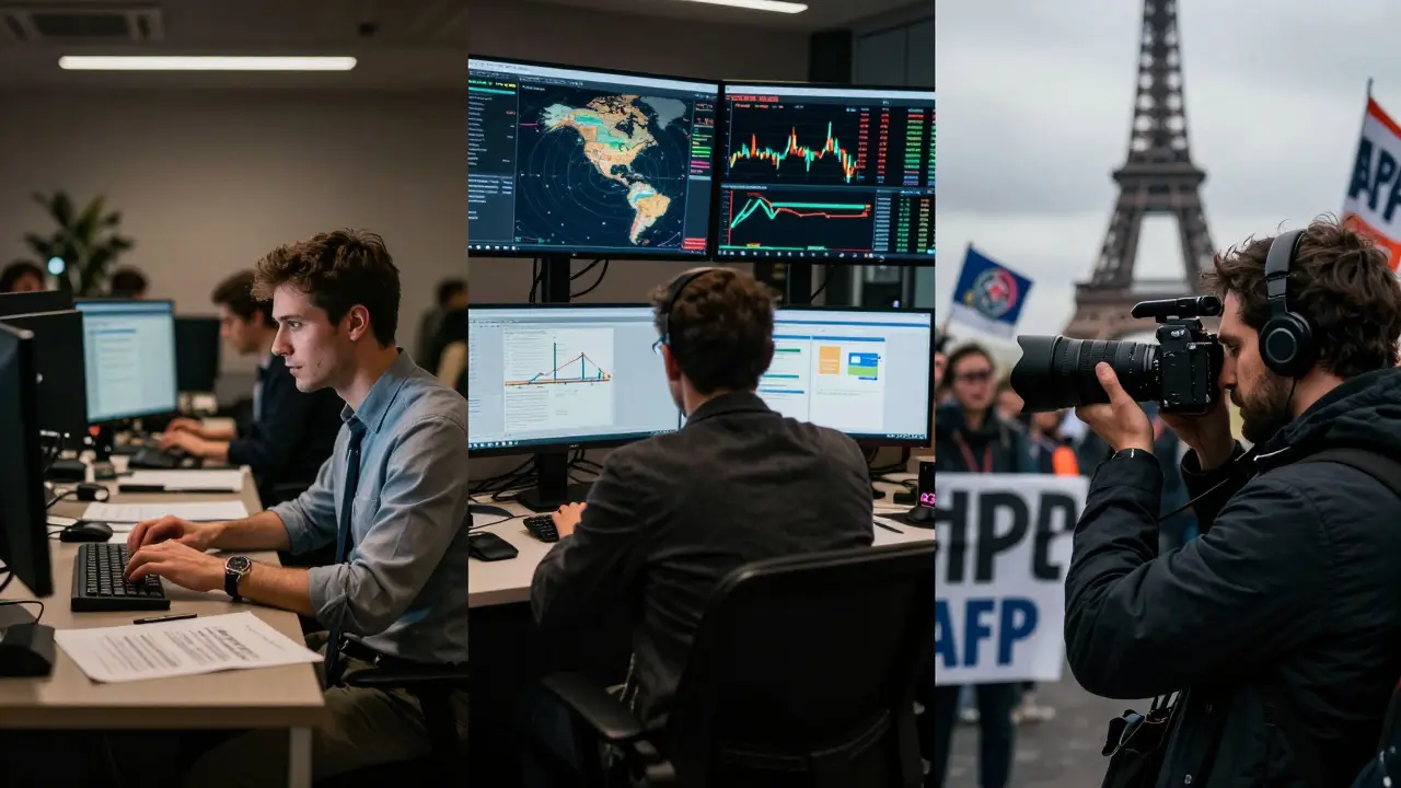 Split view of journalists in DC, London, and Paris working