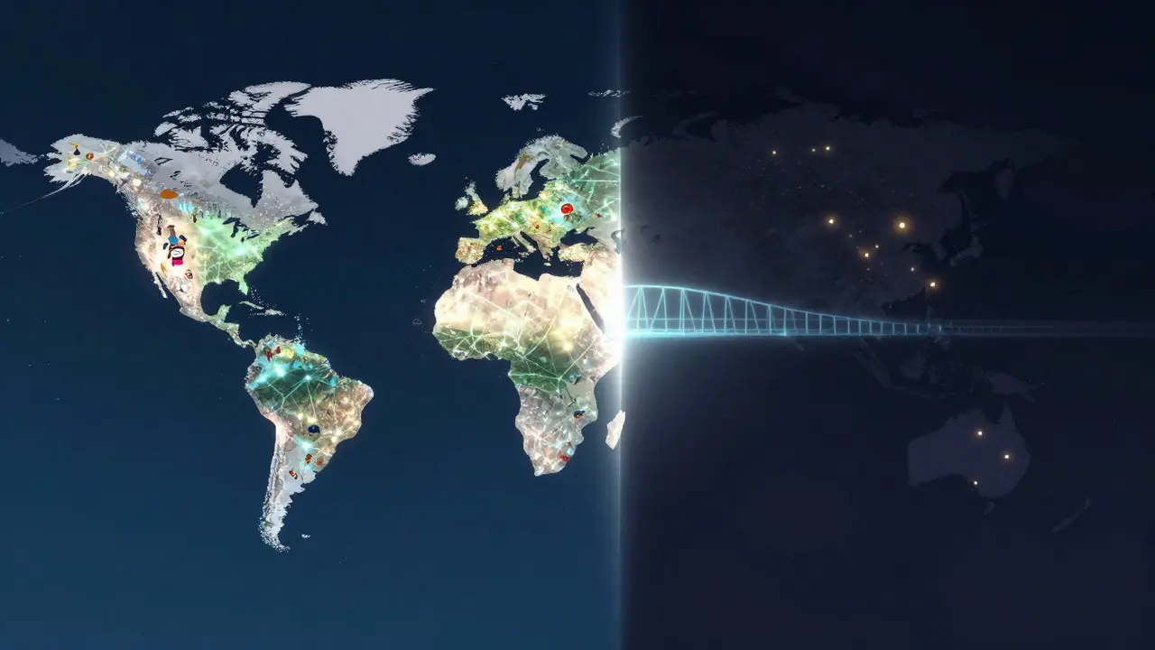 Split view showing a dense network of lights connected to a sparse dark area by a glowing bridge