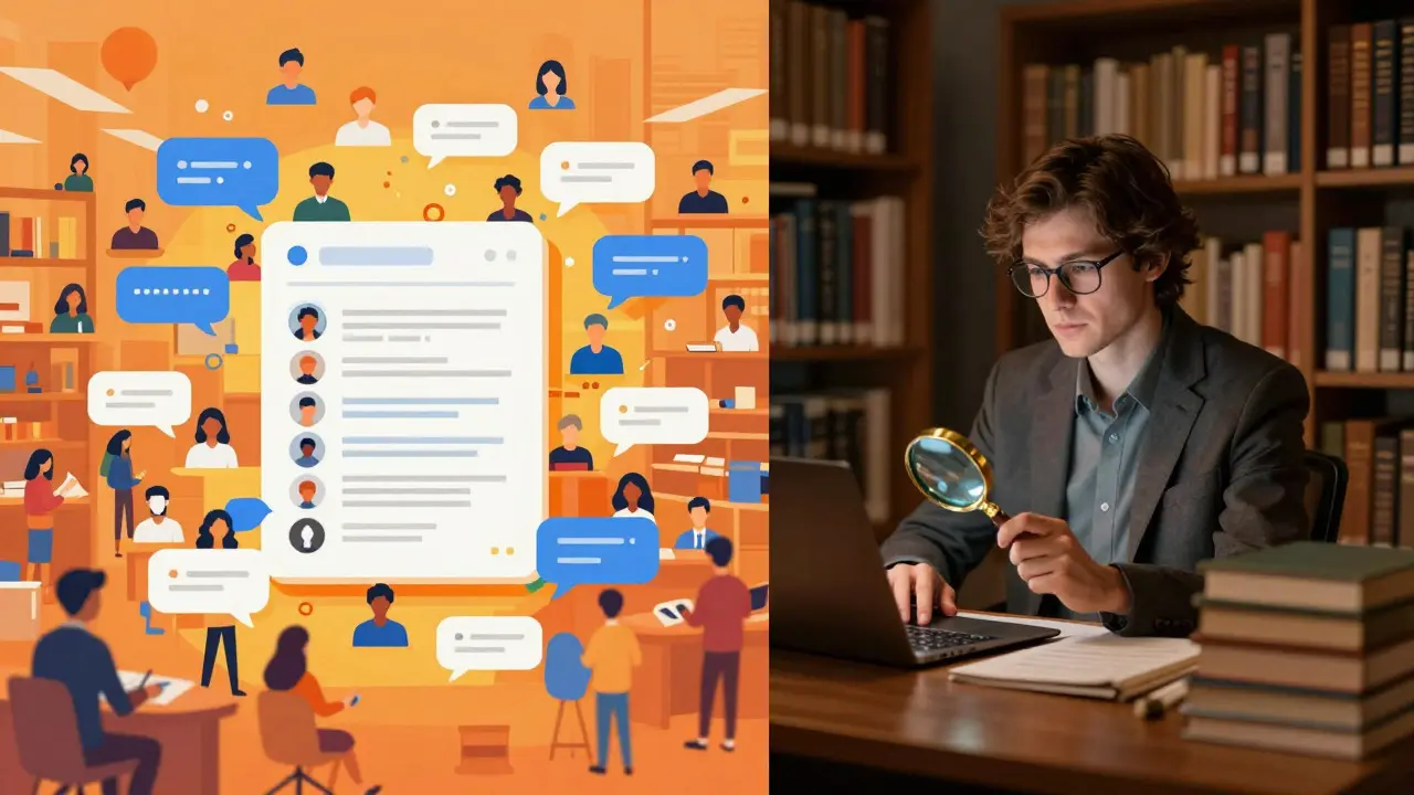 Split view showing chaotic community editing versus calm professional library review