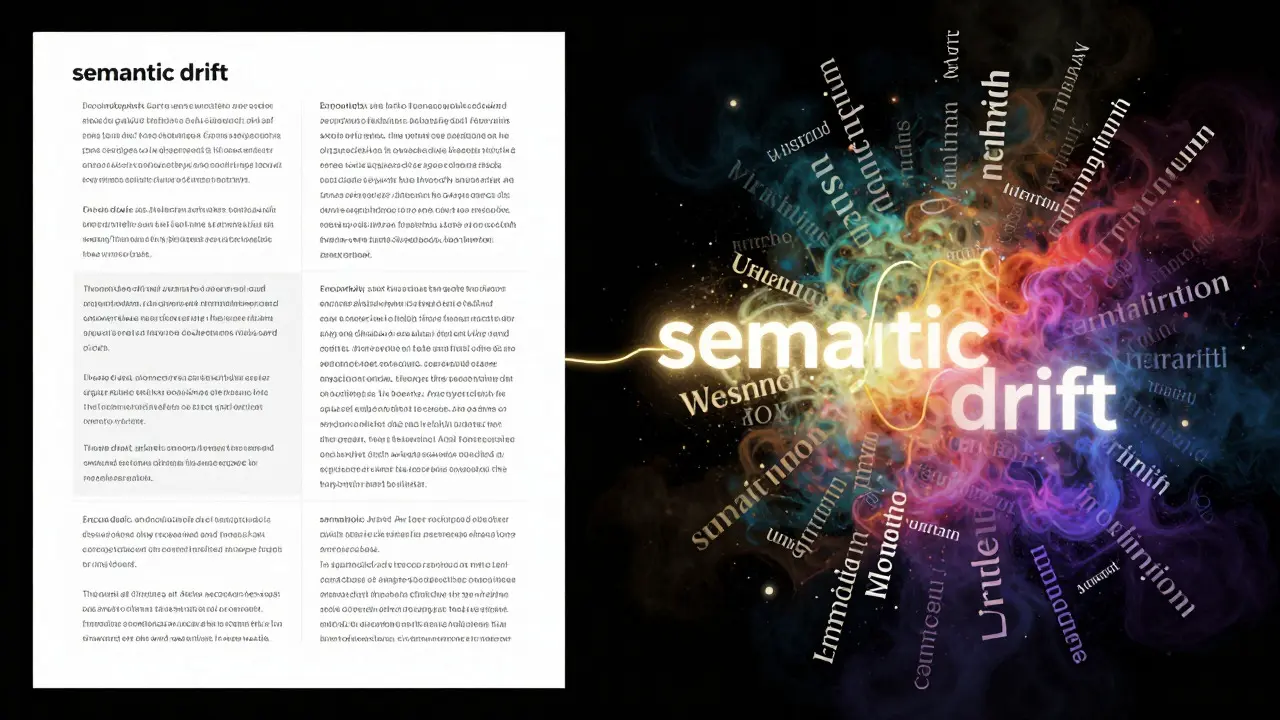 Split view showing structured text transforming into a chaotic word cloud
