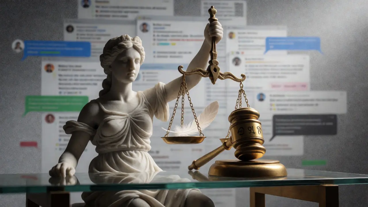 Statue of Justice with unbalanced scales weighing order against consensus in a digital setting.