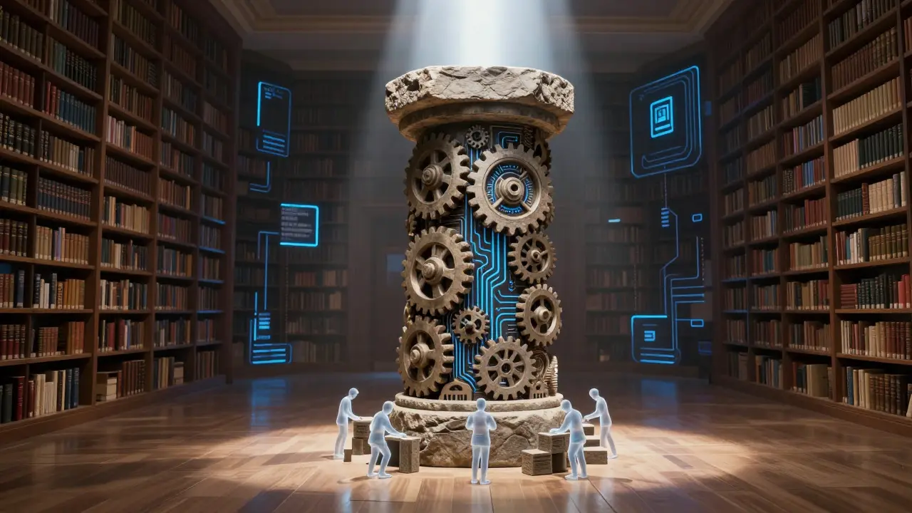 Stone pillar with gears in a library, symbolizing structured knowledge building