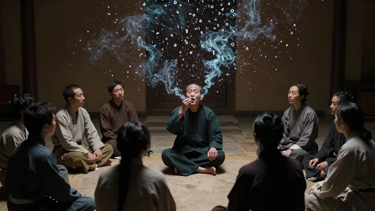 Storyteller whose voice transforms into fading fragments in a dimly lit room