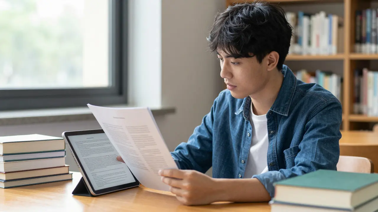 Student comparing a printed journal article with a tablet encyclopedia entry