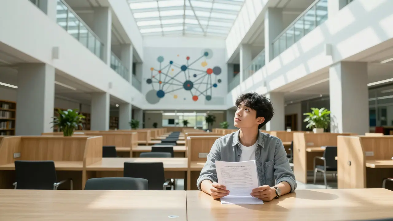 Student holding a syllabus in a bright, modern university library atrium