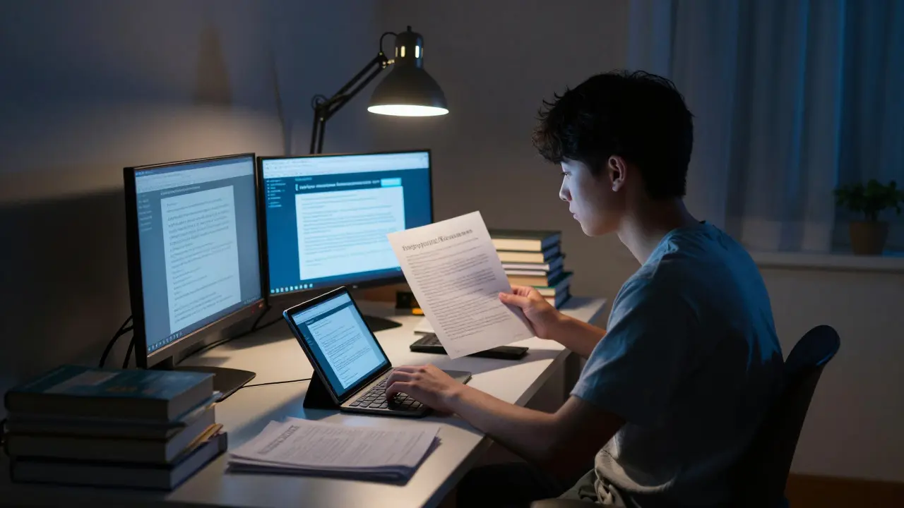 Student studying at night comparing a tablet and printed encyclopedia