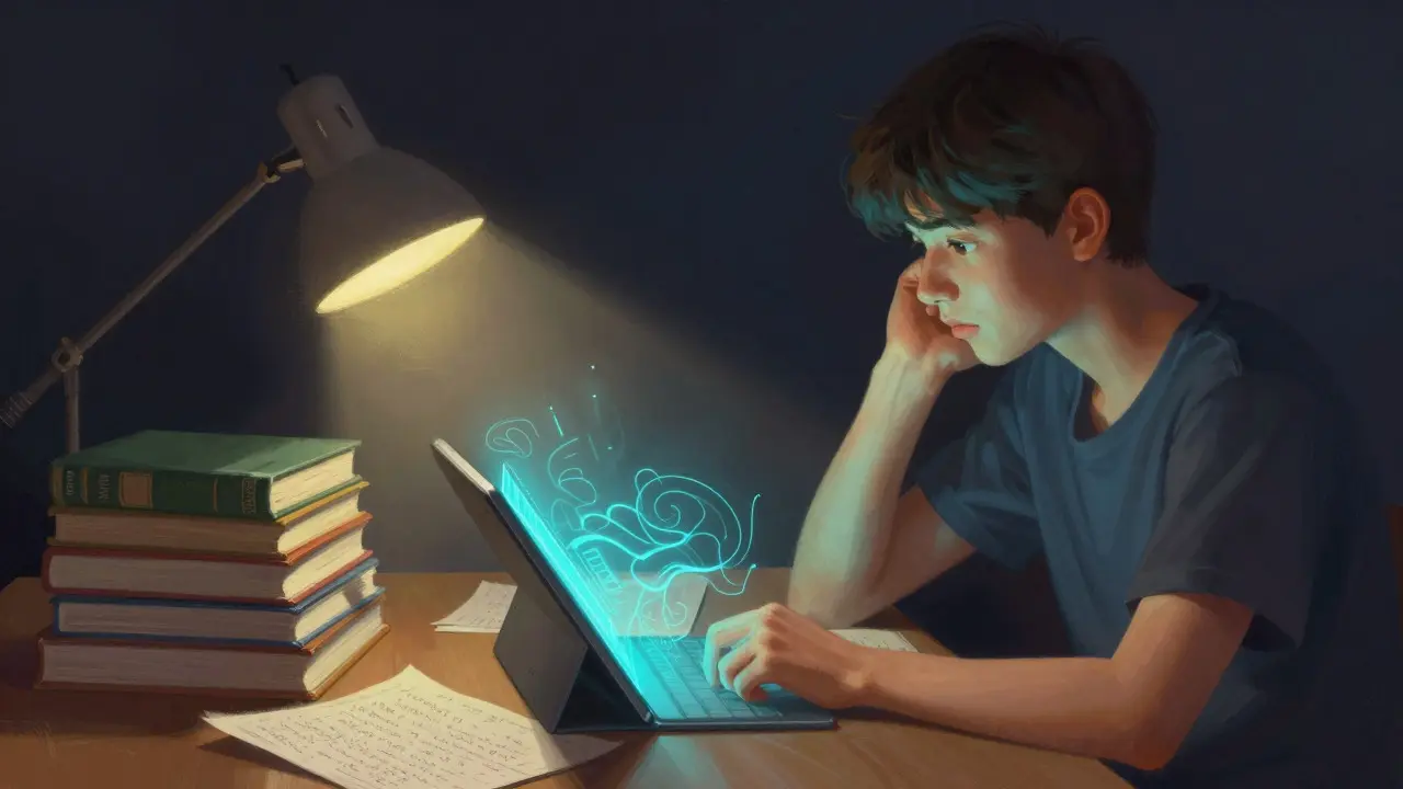Student studying under dual lights from books and a futuristic tablet
