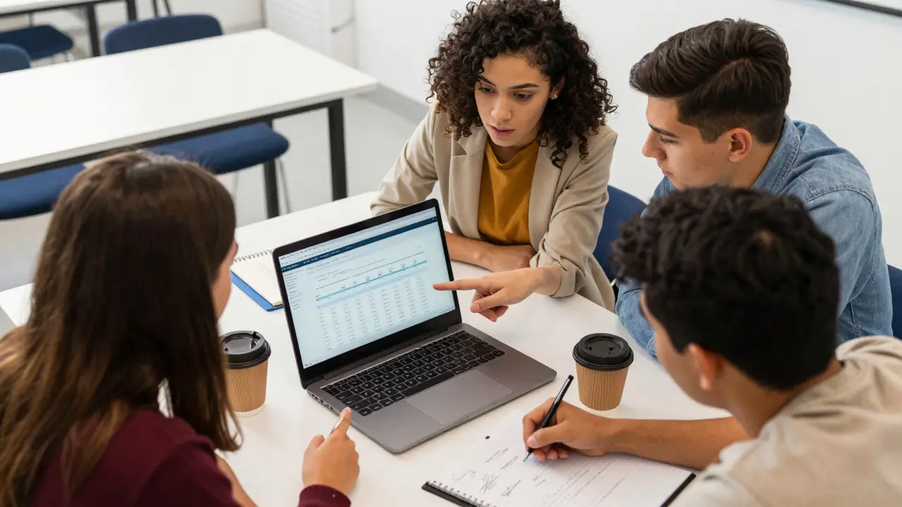 Students collaborating around a laptop in a classroom