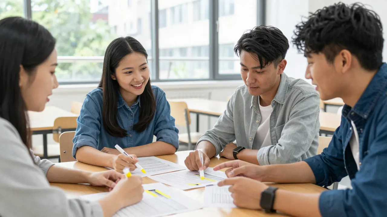 Students discussing articles and sources around a table in a bright room