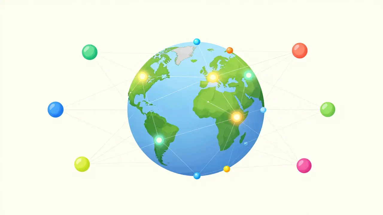 Stylized globe of connected nodes representing decentralized global communities