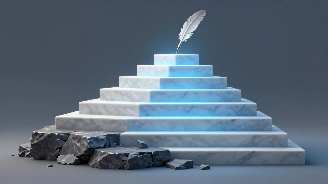 Stylized staircase rising from rough stone to polished marble with a quill at the top