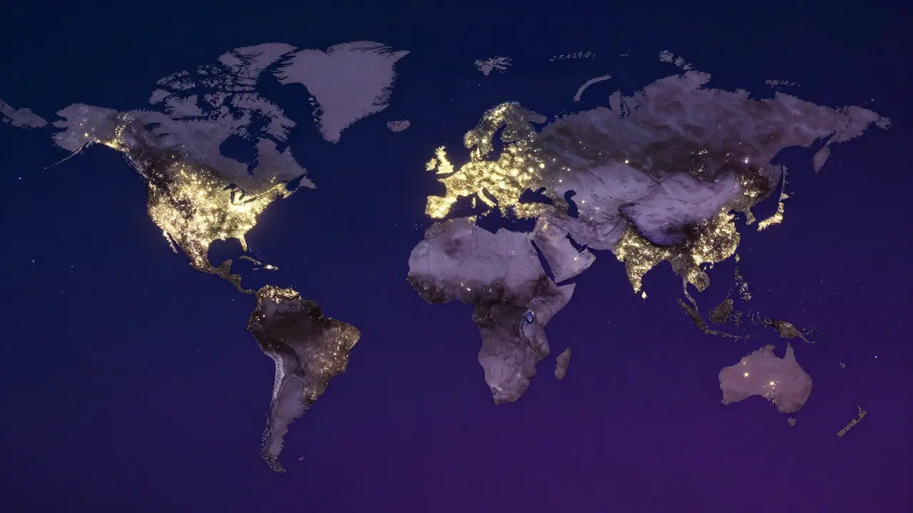 Stylized world map with glowing clusters over North America and Europe
