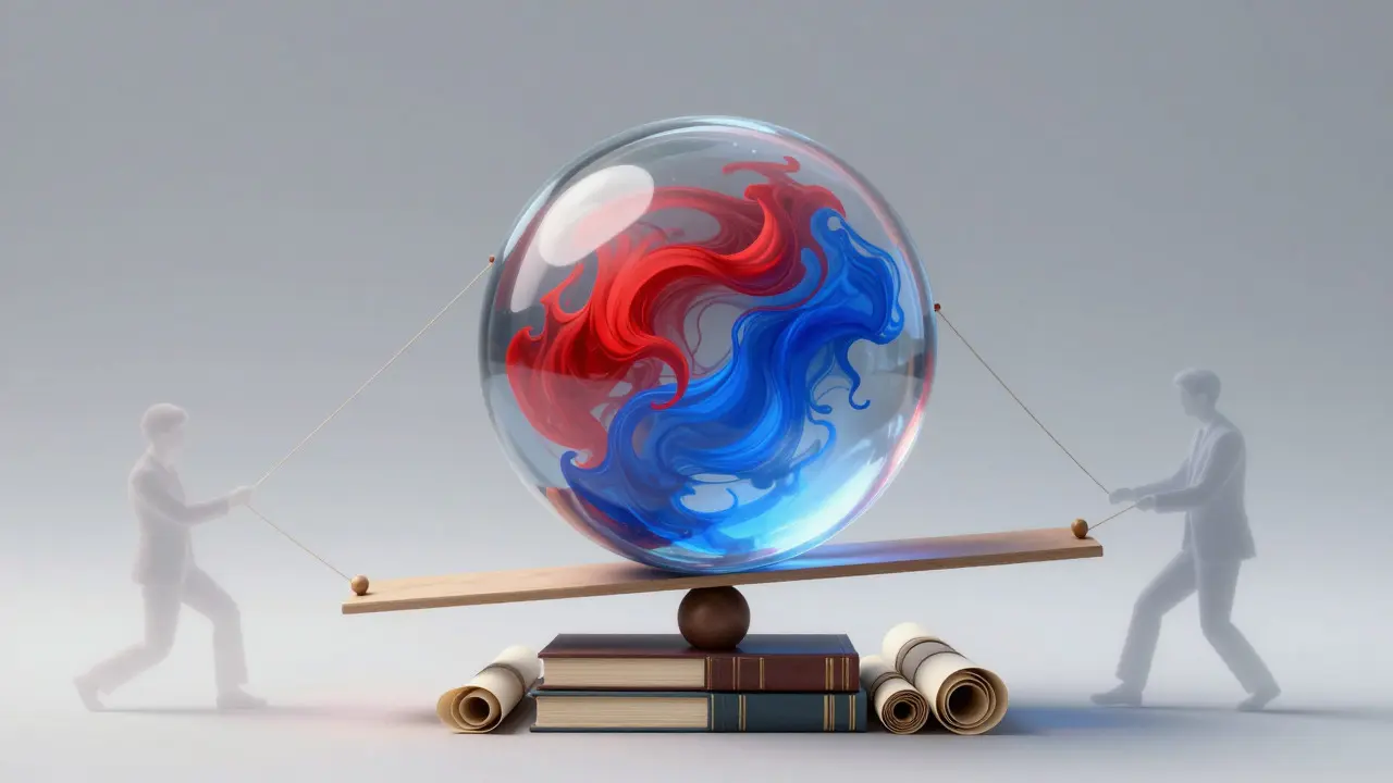 Surreal art of a glass sphere balanced on books, containing swirling red and blue colors