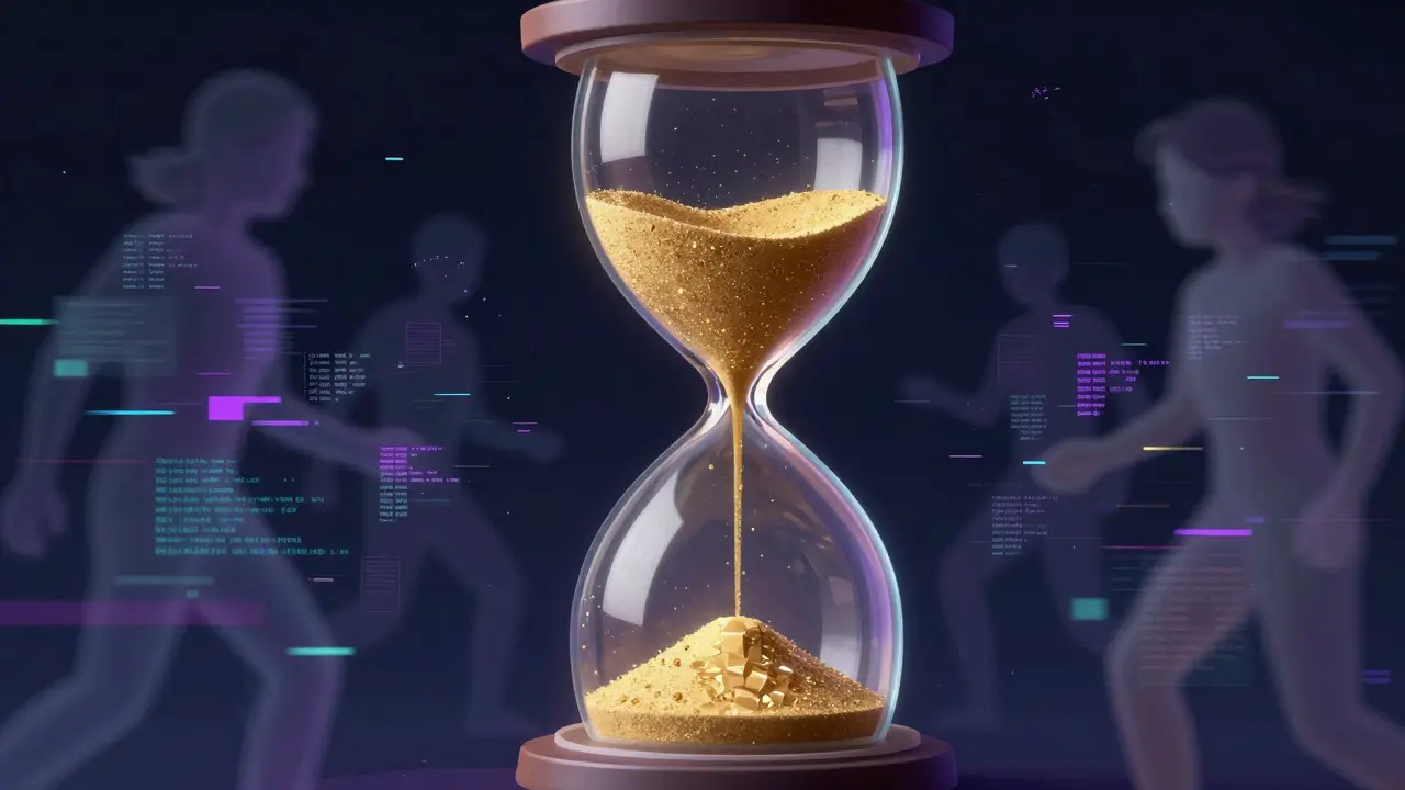 Surreal art of an hourglass filtering chaotic digital noise into solid golden truth
