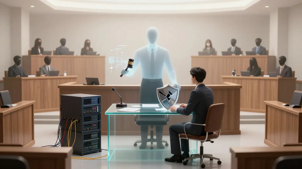 Surreal courtroom with server rack furniture and a fragmented shield