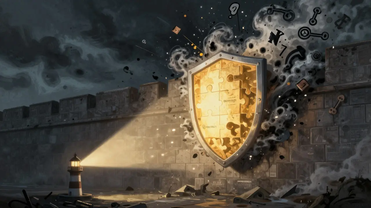 Surreal digital fortress wall defending against chaotic ink splatters with a glowing protective shield