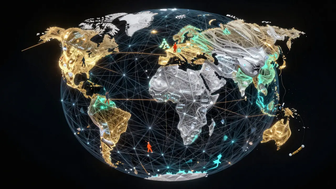 Surreal globe made of glowing threads with figures bridging continents, symbolizing global knowledge