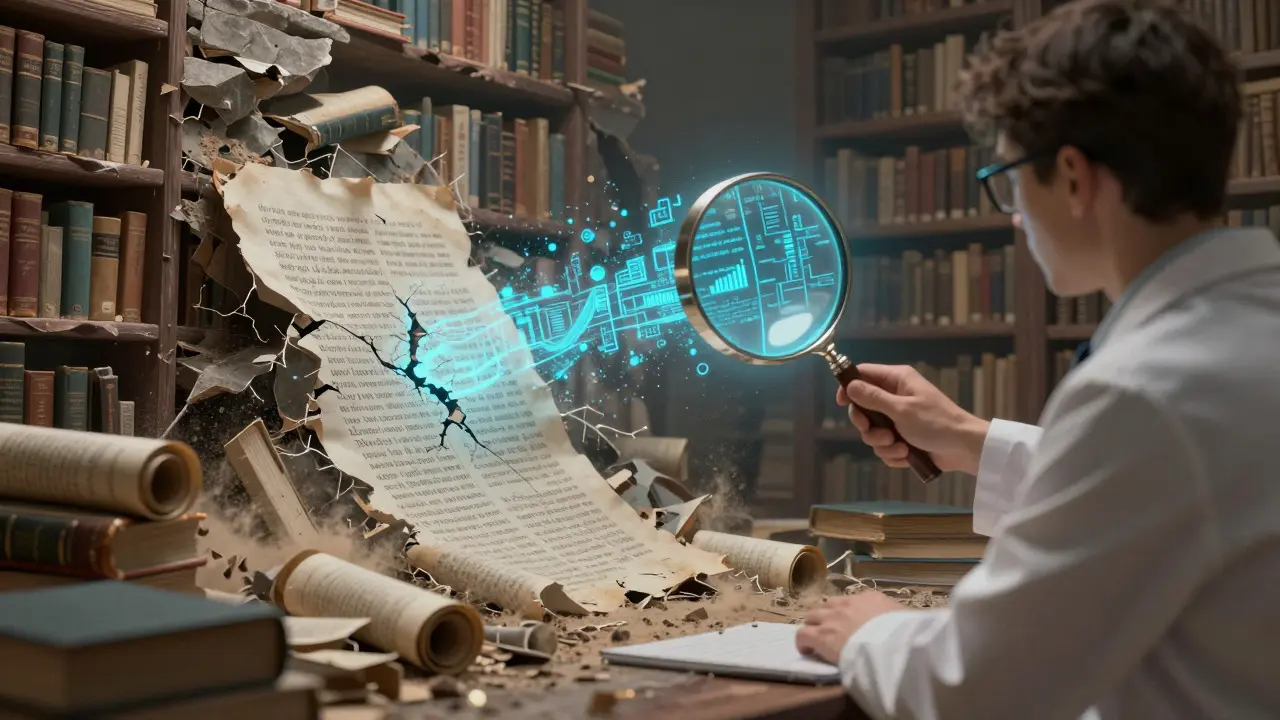 Surreal illustration of a crumbling library monitored by glowing data streams and an inspector