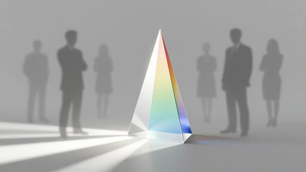 Surreal illustration of a glass prism separating light to show transparency