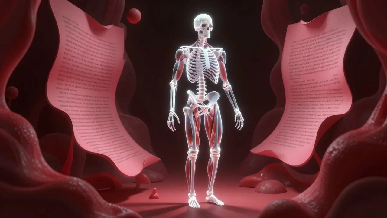 Surreal illustration of a glowing skeleton surrounded by organic red shapes representing text