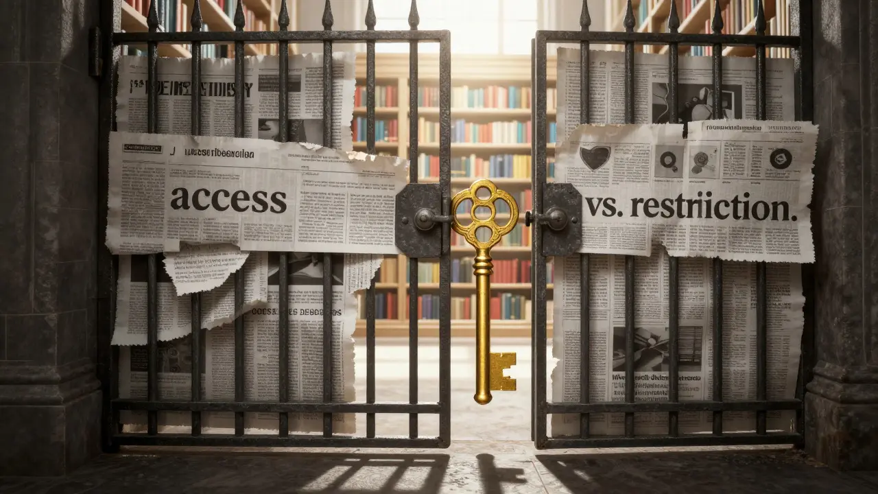 Surreal illustration of a golden key unlocking a gate made of newspapers to reveal a library