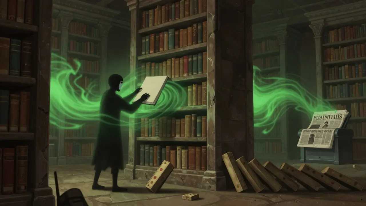 Surreal illustration of a masked figure subtly altering a book in a vast library