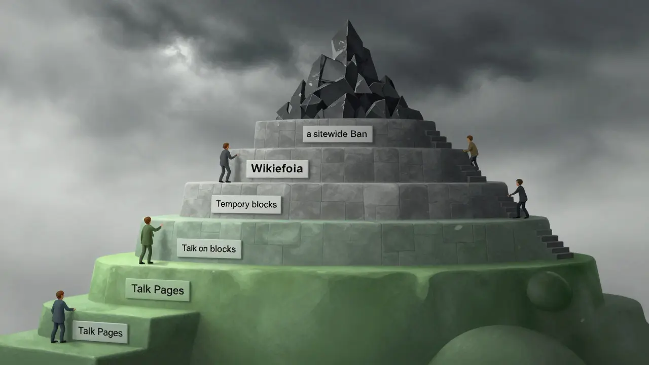 Surreal illustration of a staircase representing escalating penalties from warnings to bans
