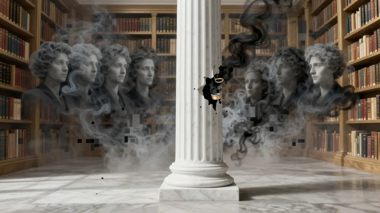 Surreal image of a pillar of truth being eroded by dark smoke and dissolving library books