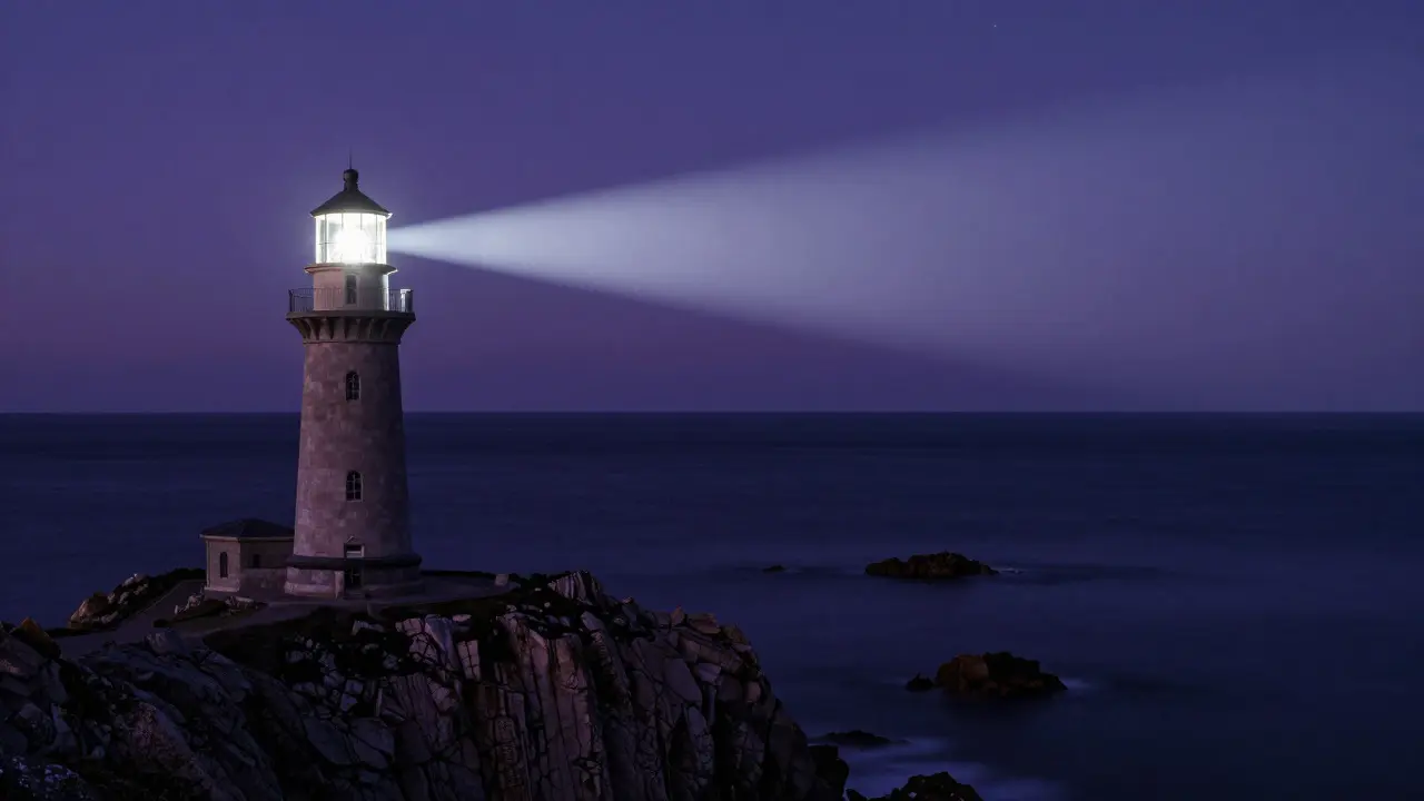 Surreal lighthouse on a cliff casting a beam over a dark ocean, symbolizing quality content