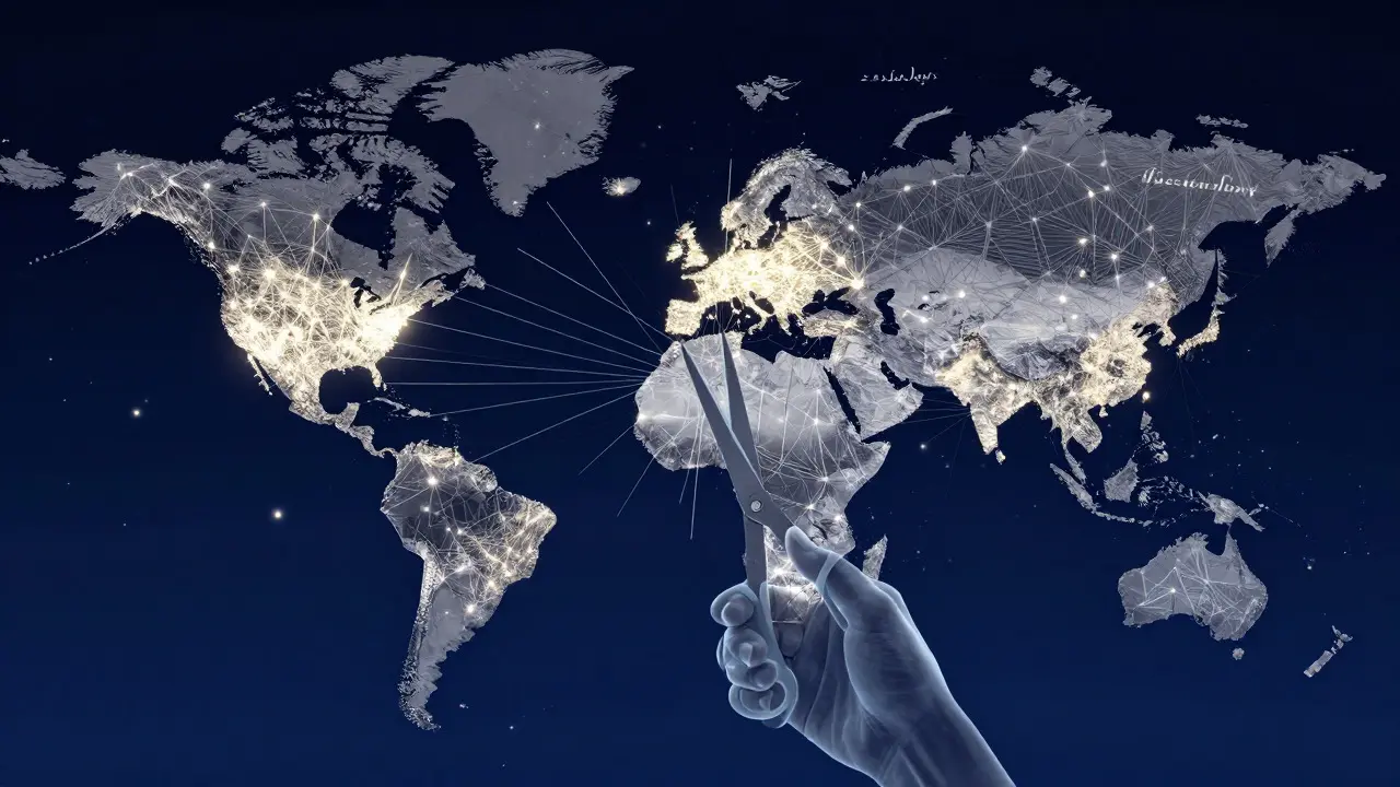 Surreal map of global connections with some areas bright and others dim, symbolizing source bias