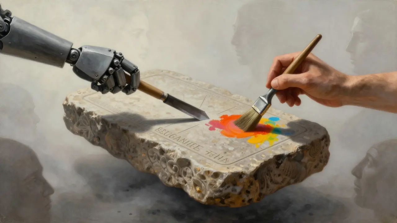 Surreal painting of hands carving a stone tablet, symbolizing the search for balanced governance