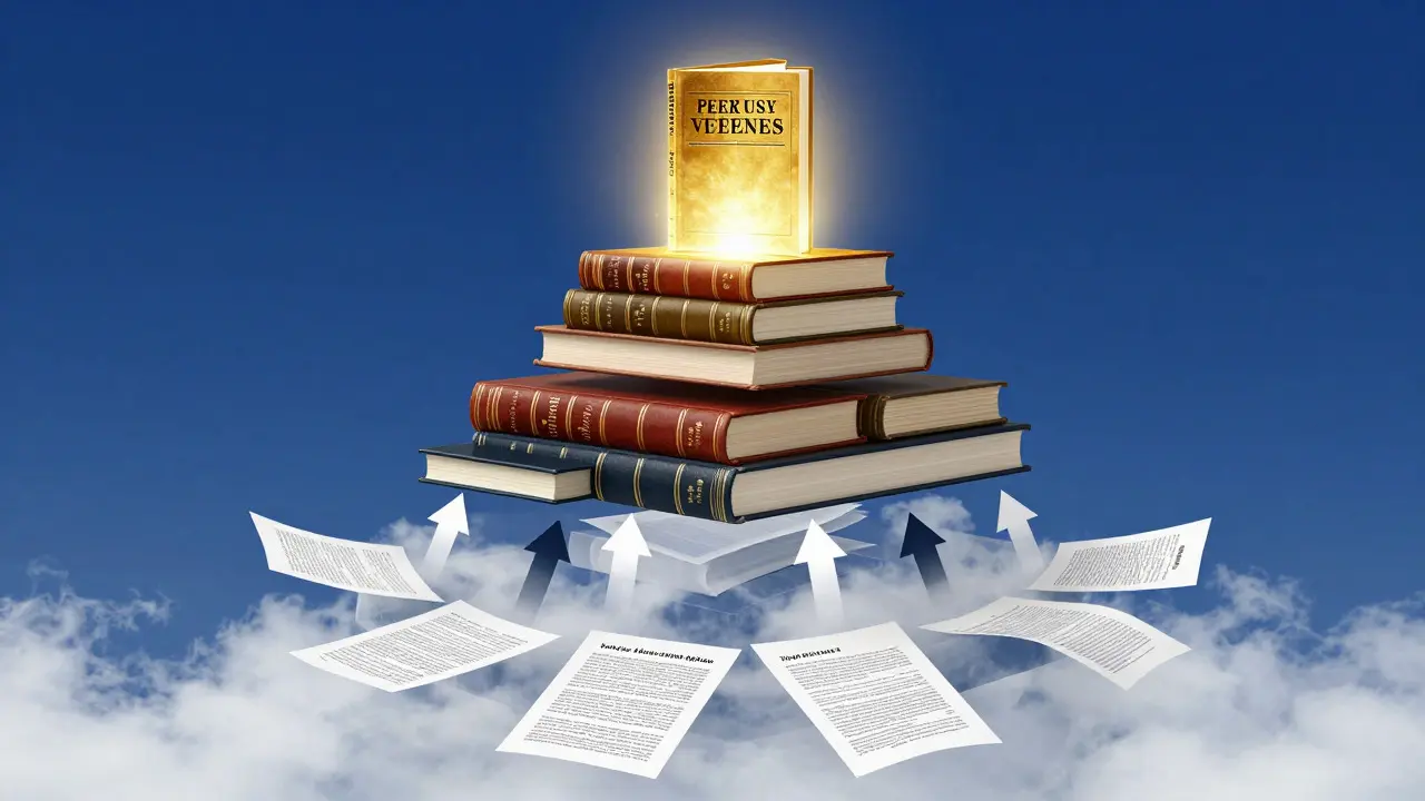 Surreal pyramid of academic sources showing journals at top and encyclopedias at base
