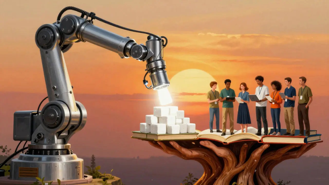 Symbolic art contrasting industrial AI robots with volunteer knowledge creators
