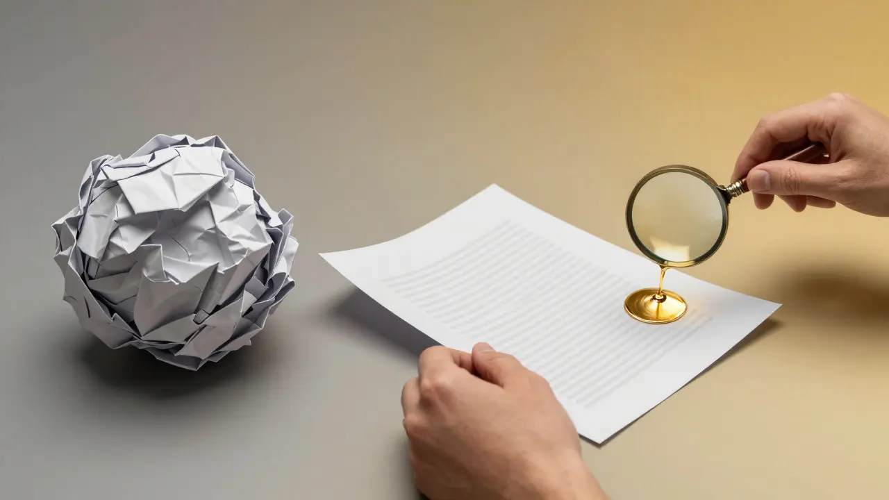 Symbolic illustration of a document transforming from a messy draft to a polished gold standard