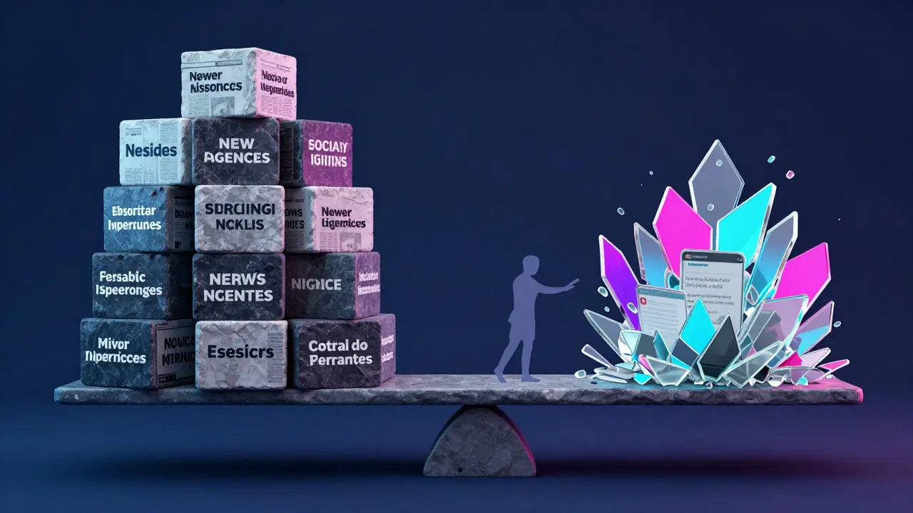 Symbolic scale balancing solid stone blocks of major news against fragile glass shards of social media