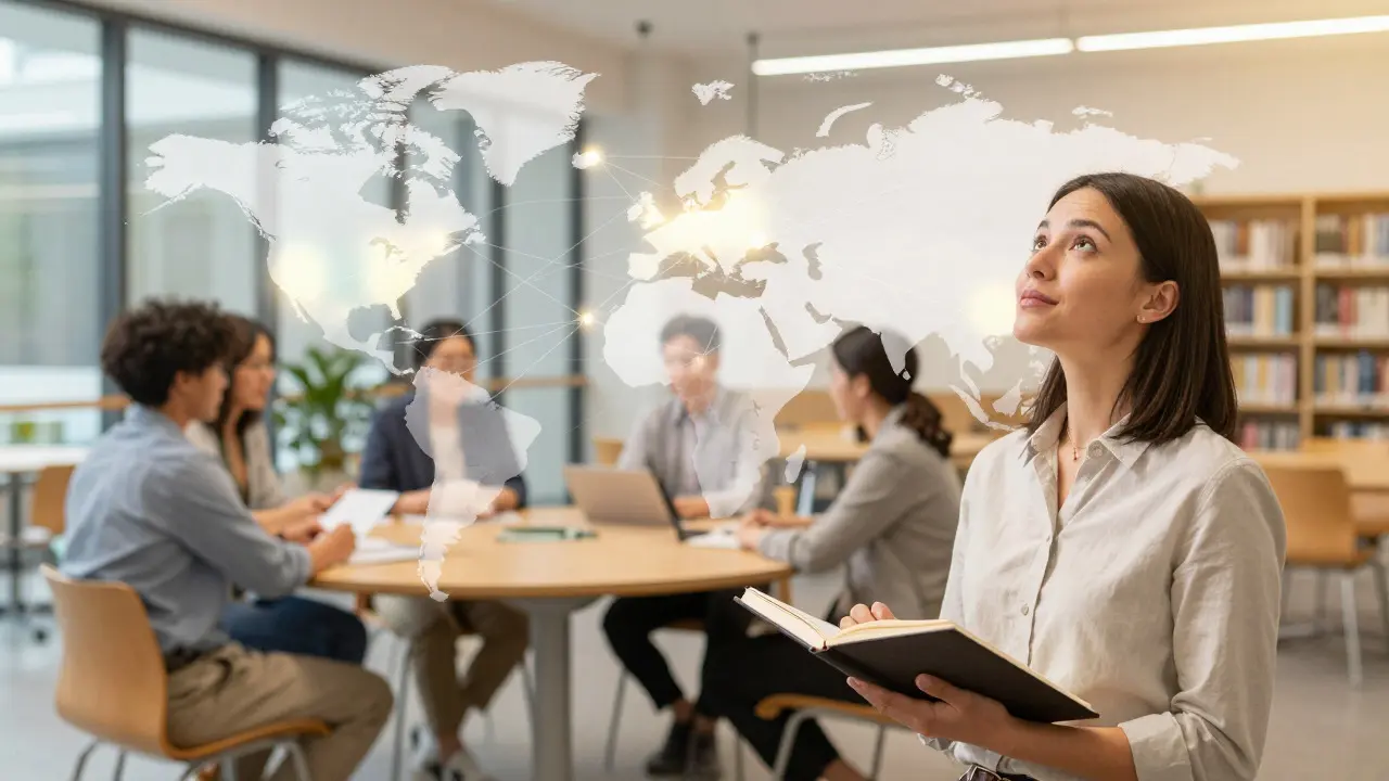 Teacher in a bright library connected by a global network overlay