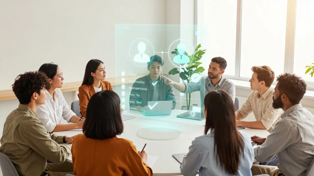 Team discussing community policies with holographic user profile projections in a modern office.