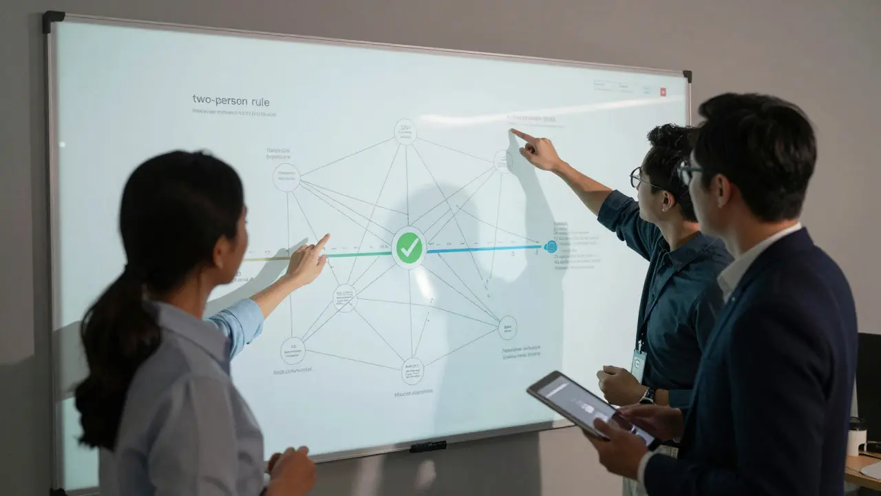 Team members collaborating around a whiteboard to verify information