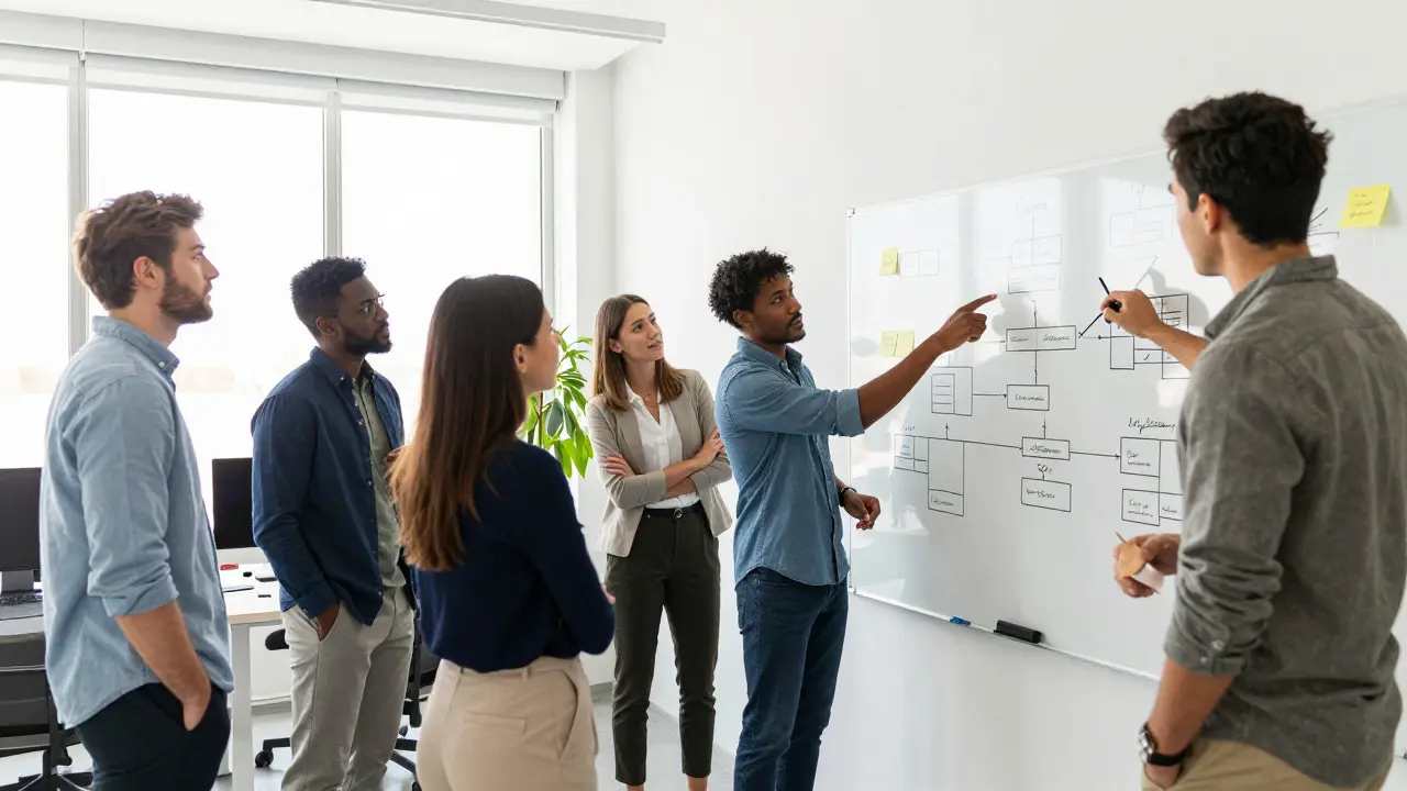 Team of professionals collaborating around a whiteboard in an office