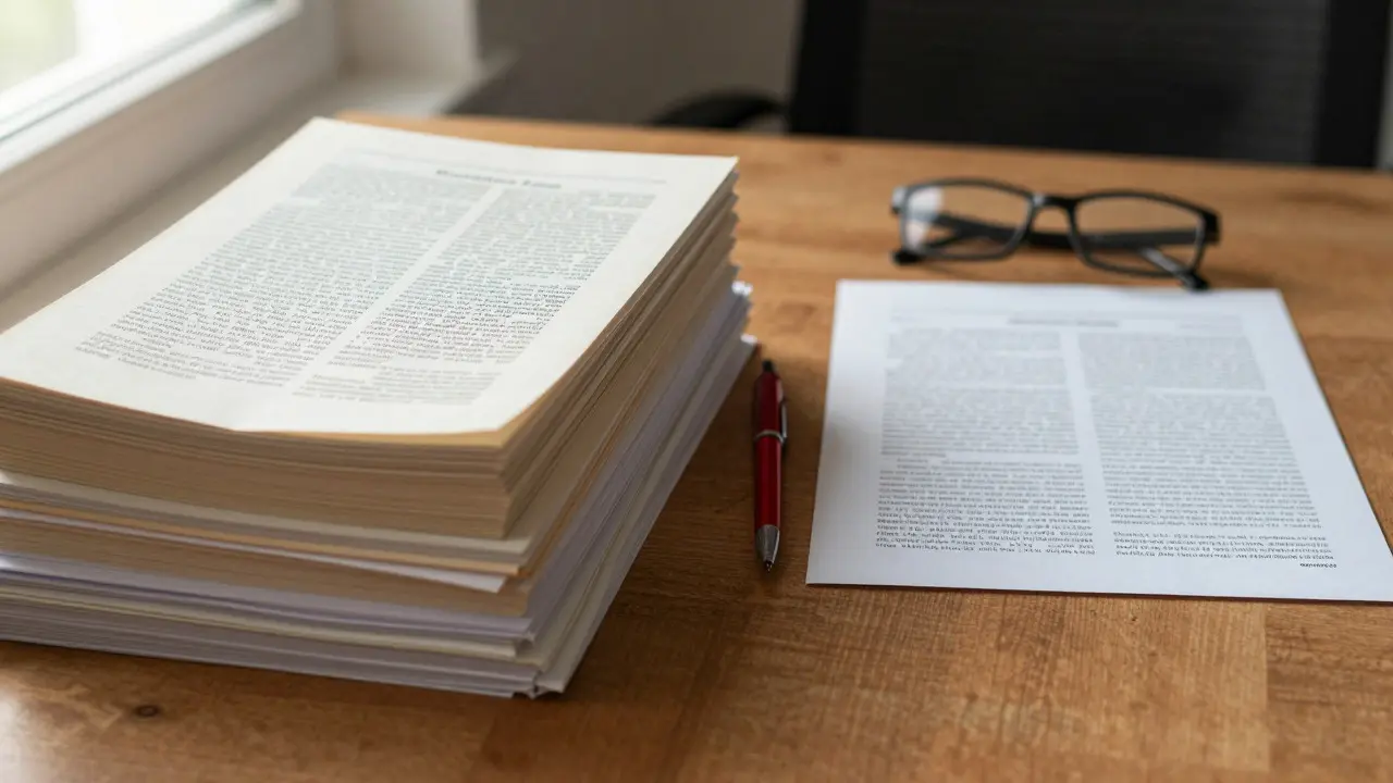 Thick stack of papers next to a single sheet on a desk, illustrating content disparity