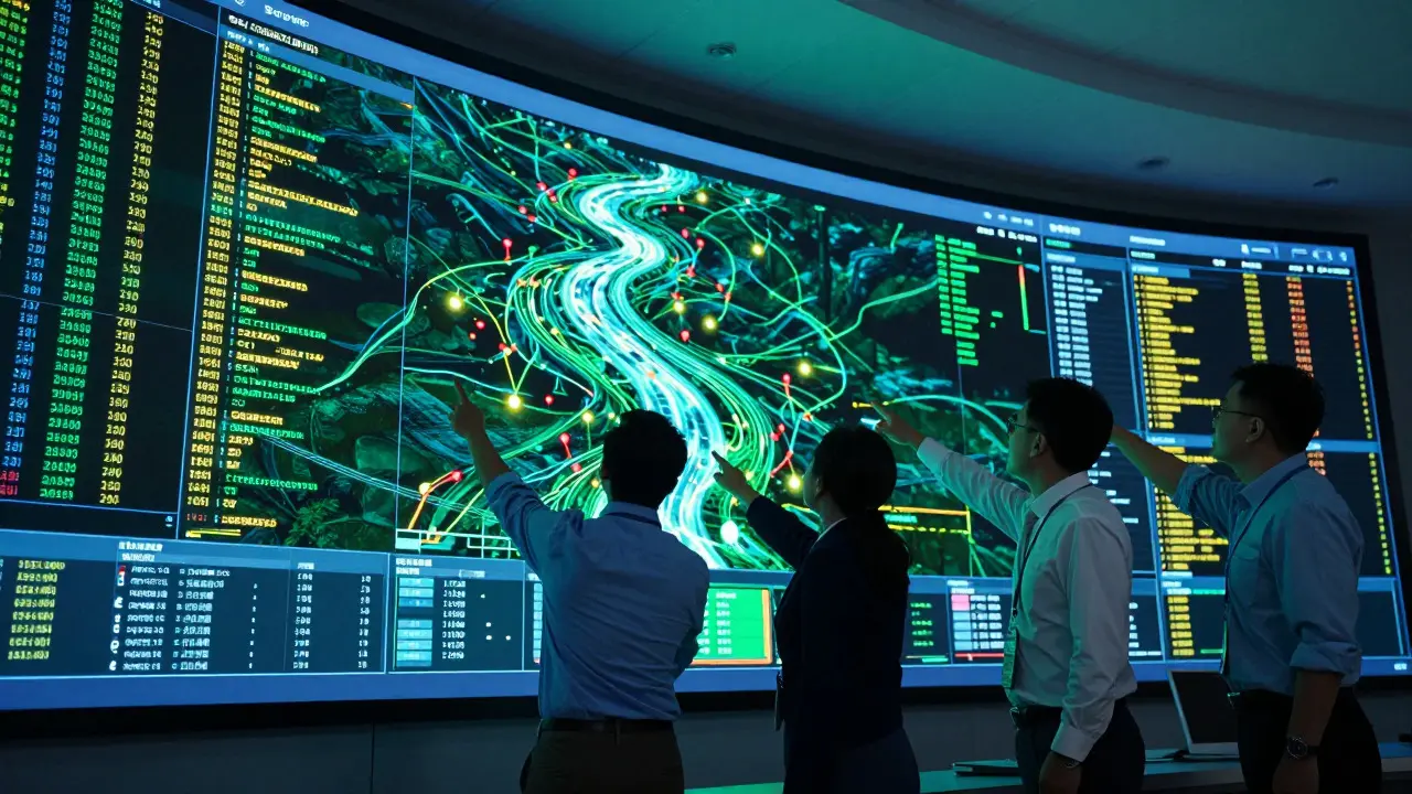 Three administrators analyzing data streams on a large holographic display in a control room