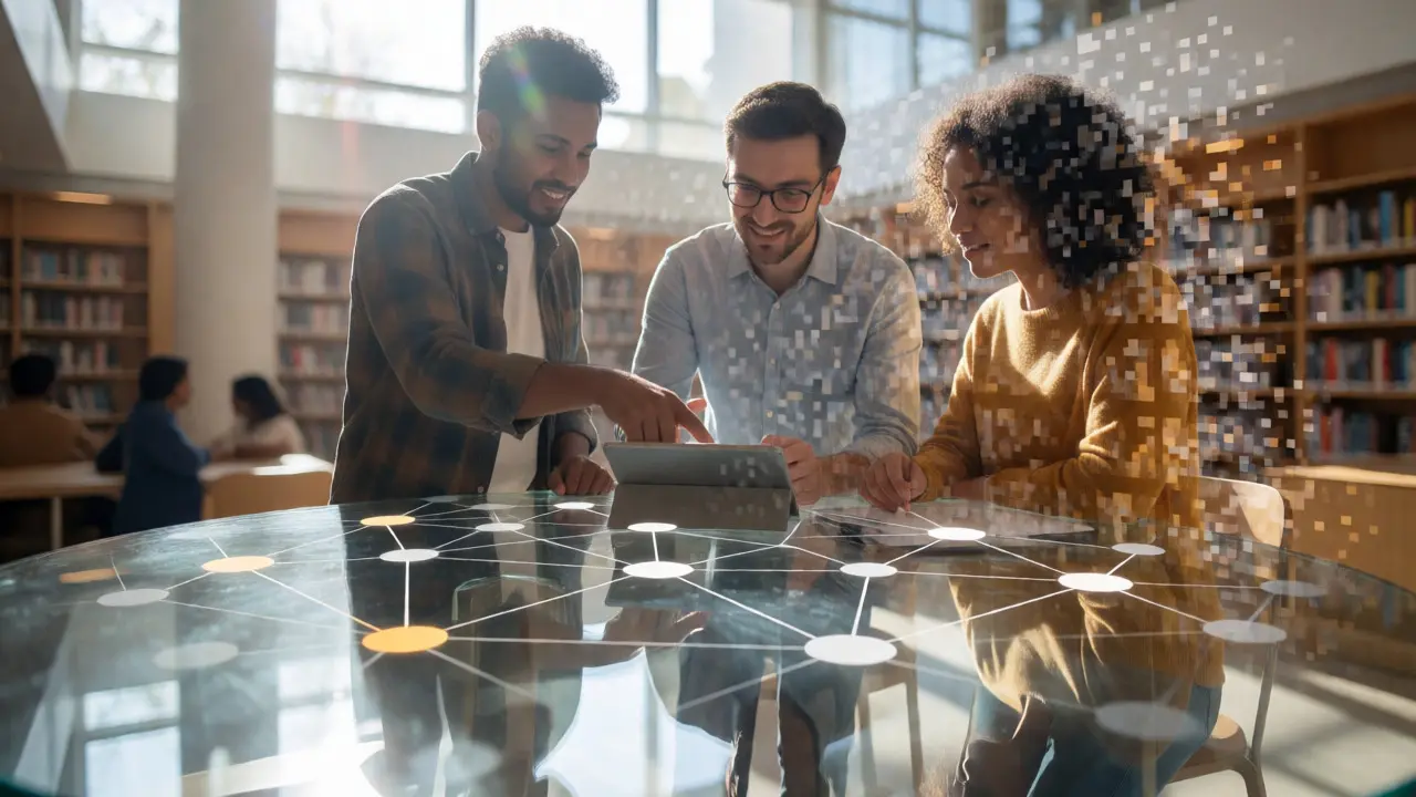 Three collaborators discussing around a glass table with a superimposed network of citation links.