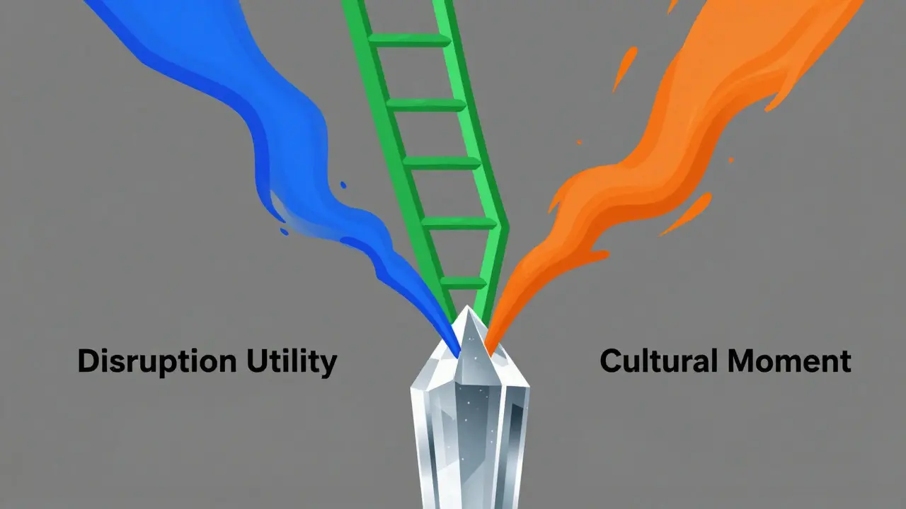 Three colored light streams merging into a solid crystal pillar