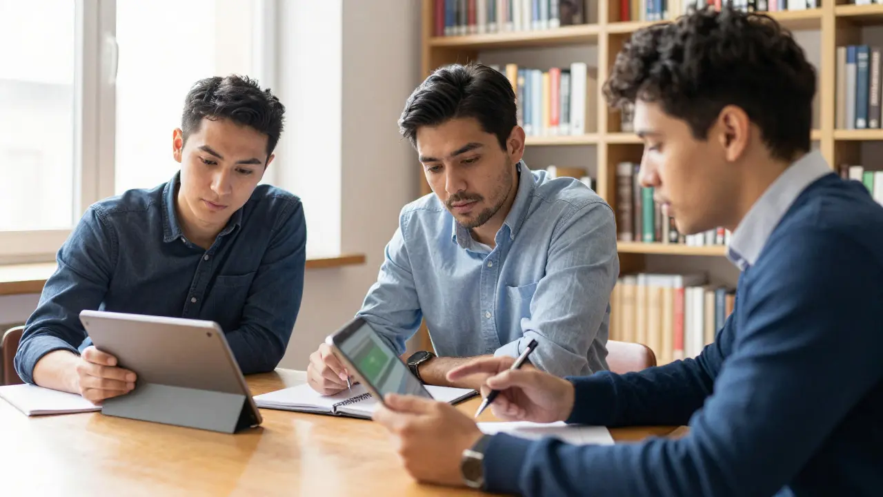 Three people collaborating around a table in a library, discussing work on tablets and notebooks