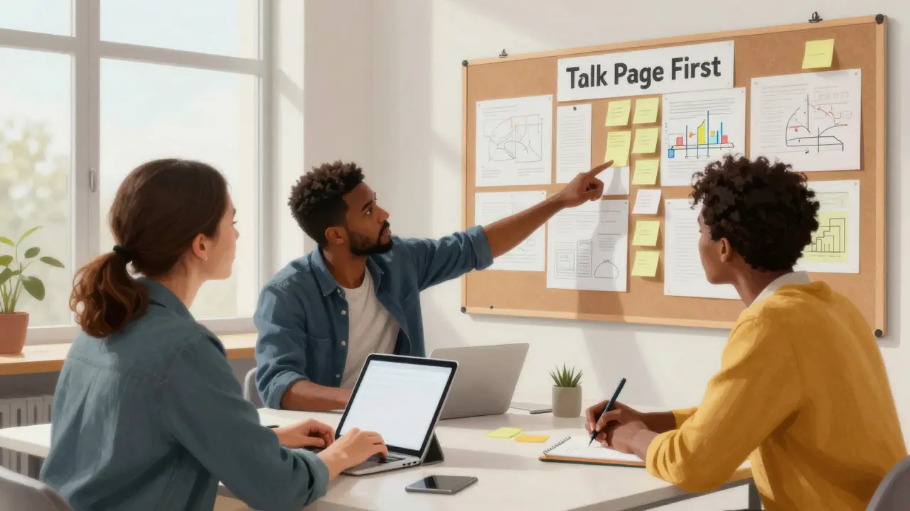 Three people collaborating around a table with sticky notes and diagrams