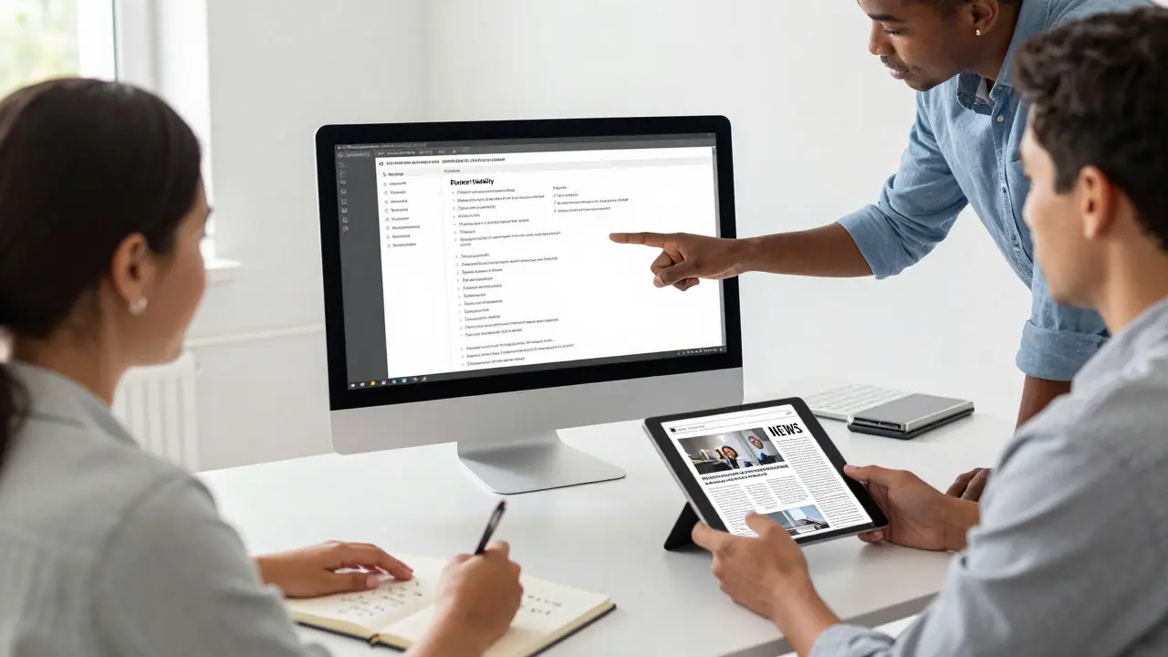 Three people collaborating in a bright office, cross-referencing articles on screens